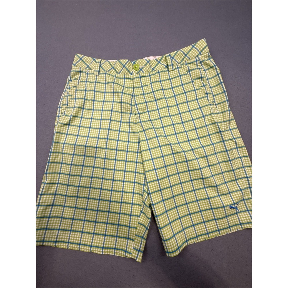 PUMA GOLF TECH men's 34. plaid 565519 shorts FLAT FRONT. GREEN BLUE WHITE